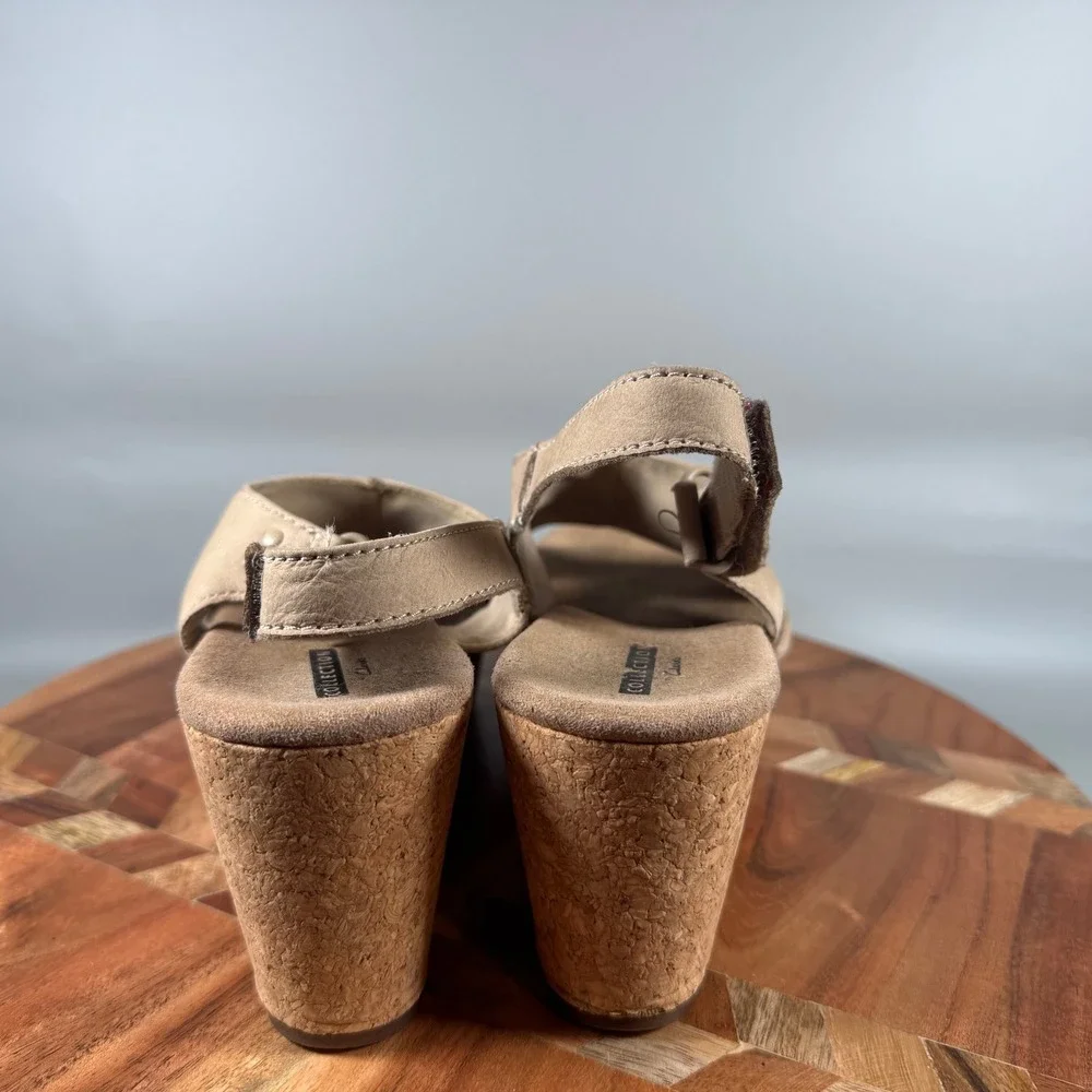 Clarks Collection Womens Taupe Leather Cork Wedge Sandals 8.5 M 261329474060